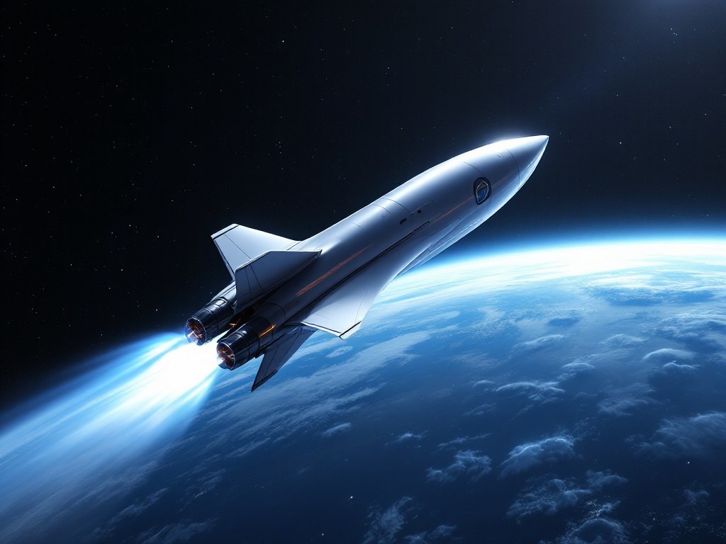 宇宙開発・先端テクノロジー分野への投資イメージ（地球を背景に宇宙を飛ぶ宇宙船）